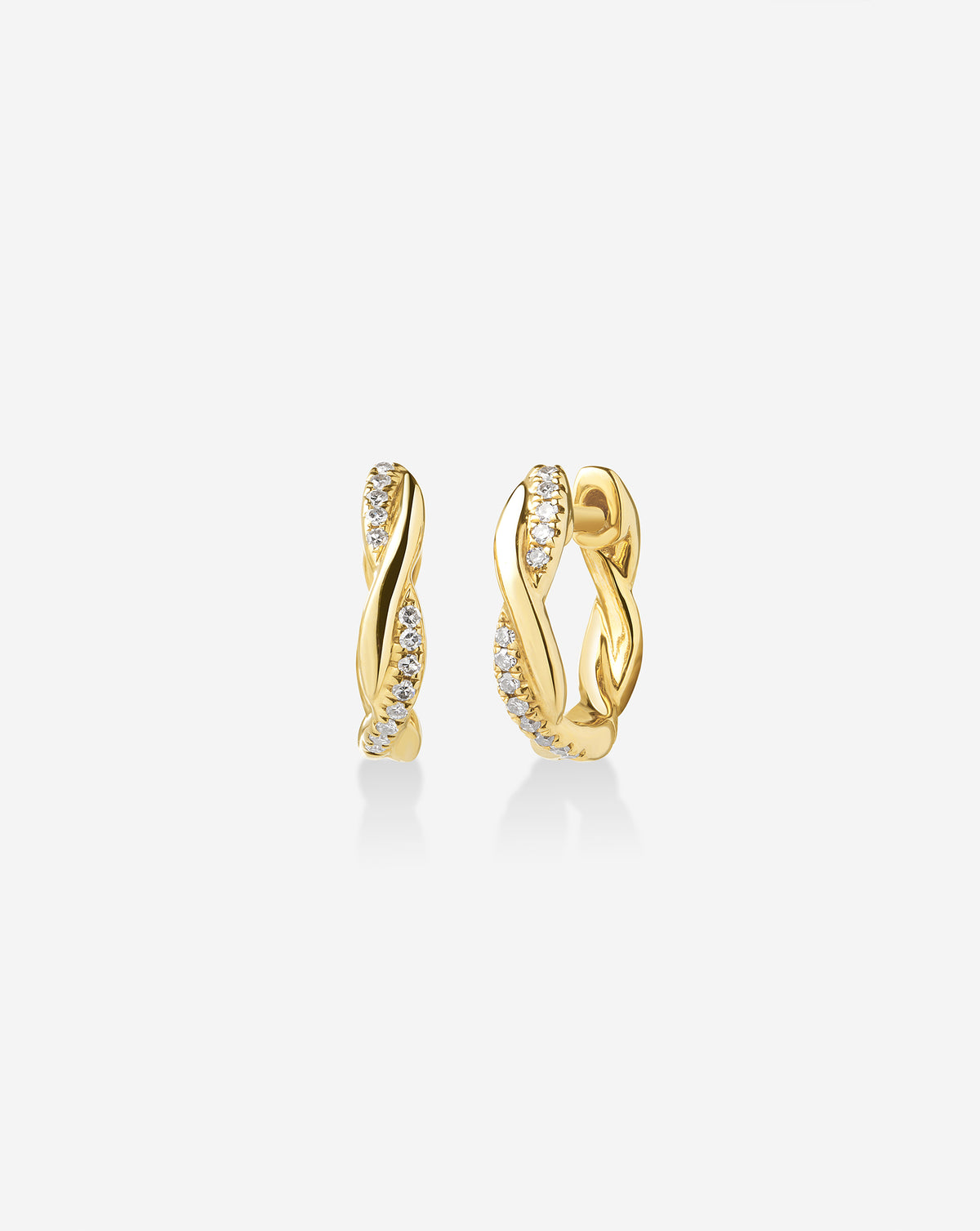 14k gold diamond twist huggie earrings with 26 natural diamonds, front view showing elegant twisted design