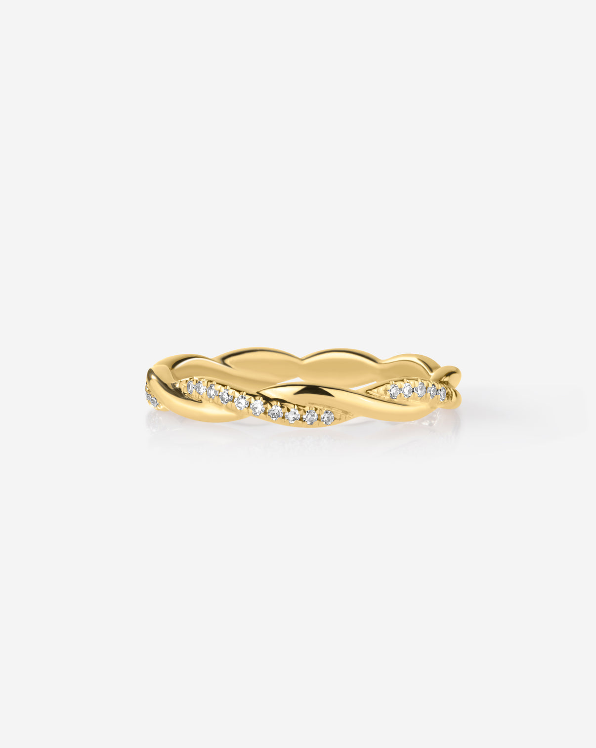 14k gold diamond twist ring with 22 natural diamonds, front view showing elegant twisted design and half coverage