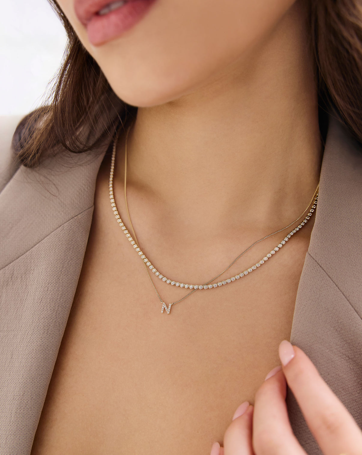 Bezel Mini Diamond Tennis Necklace worn around neck demonstrating the perfect fit and elegant drape global