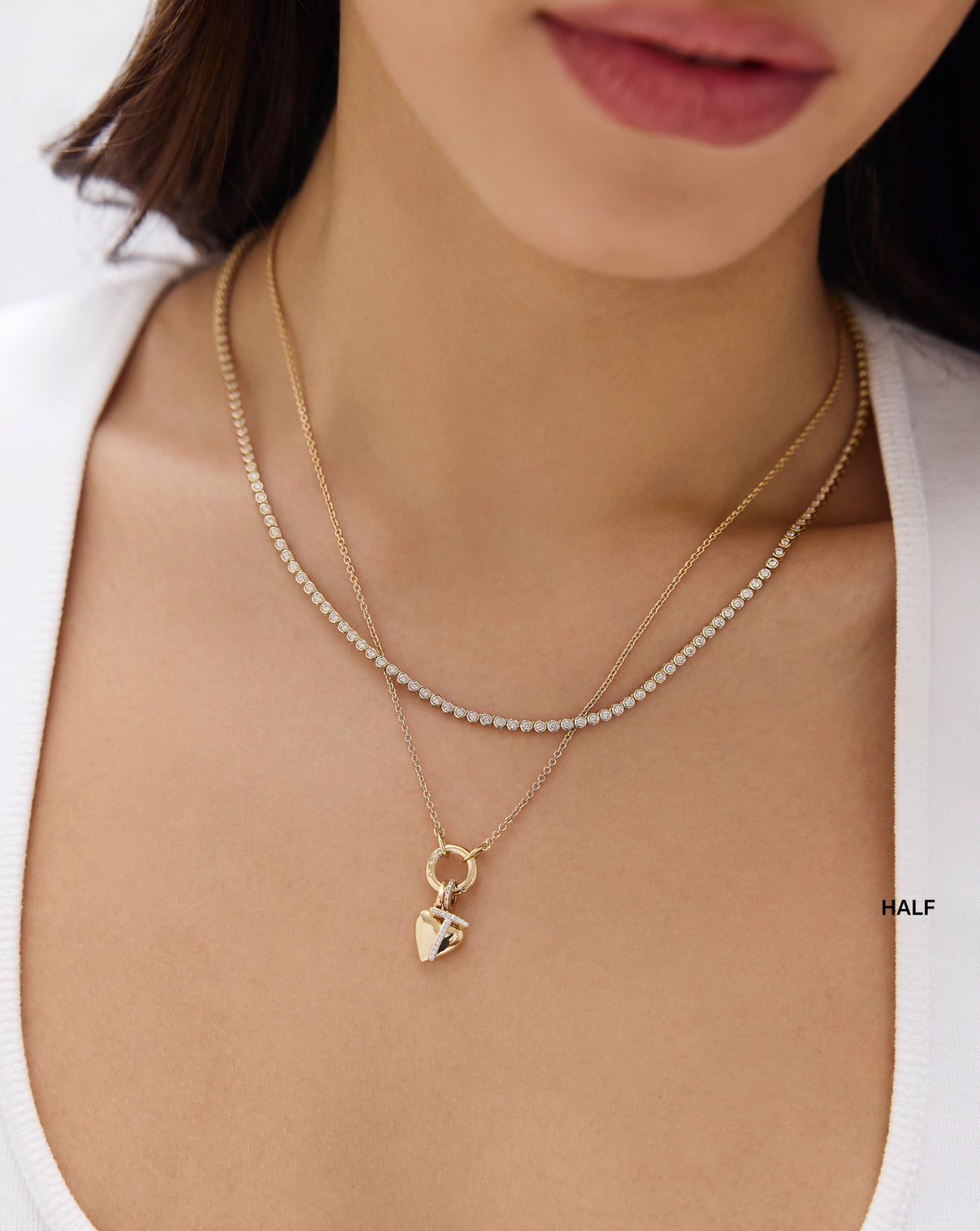 Bezel Mini Diamond Tennis Necklace styled on model highlighting the necklace length and sophisticated diamond sparkle global