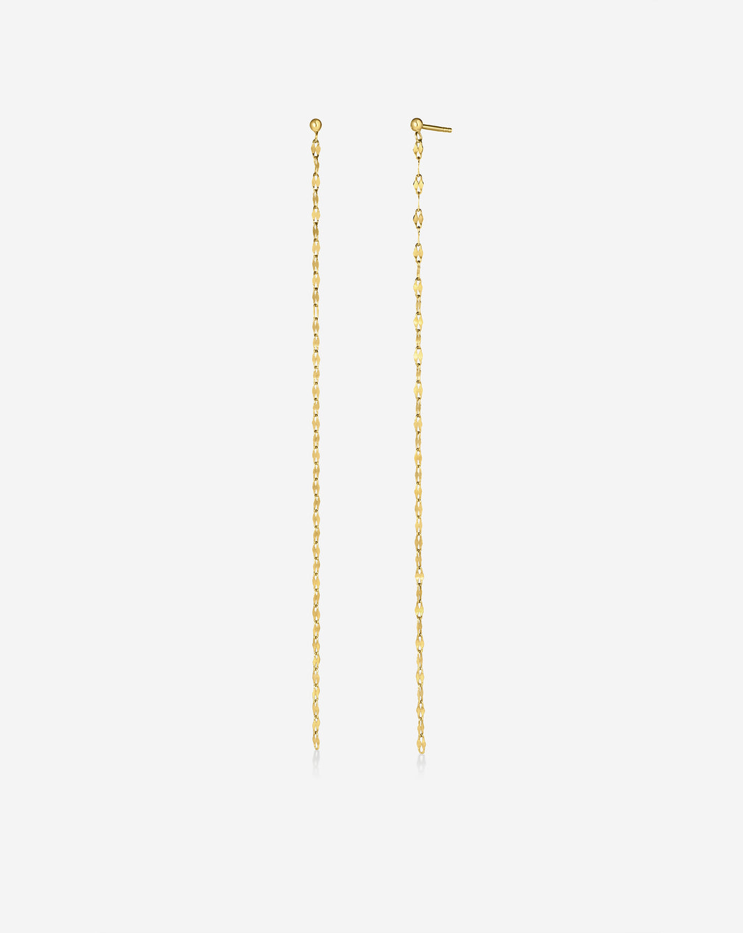 14k yellow gold chain duster earrings with delicate hanging chains, shown against white background