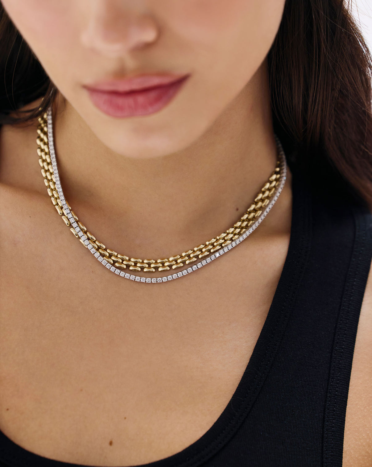 Classic Diamond Tennis Necklace on model showcasing the continuous line of brilliant-cut diamonds GLOBAL