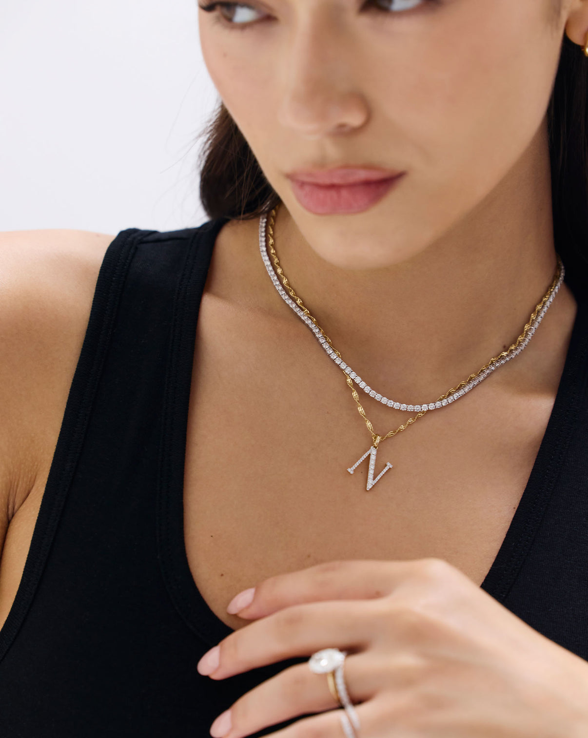 Model wearing Classic Diamond Tennis Necklace radiating sophistication and timeless beauty GLOBAL