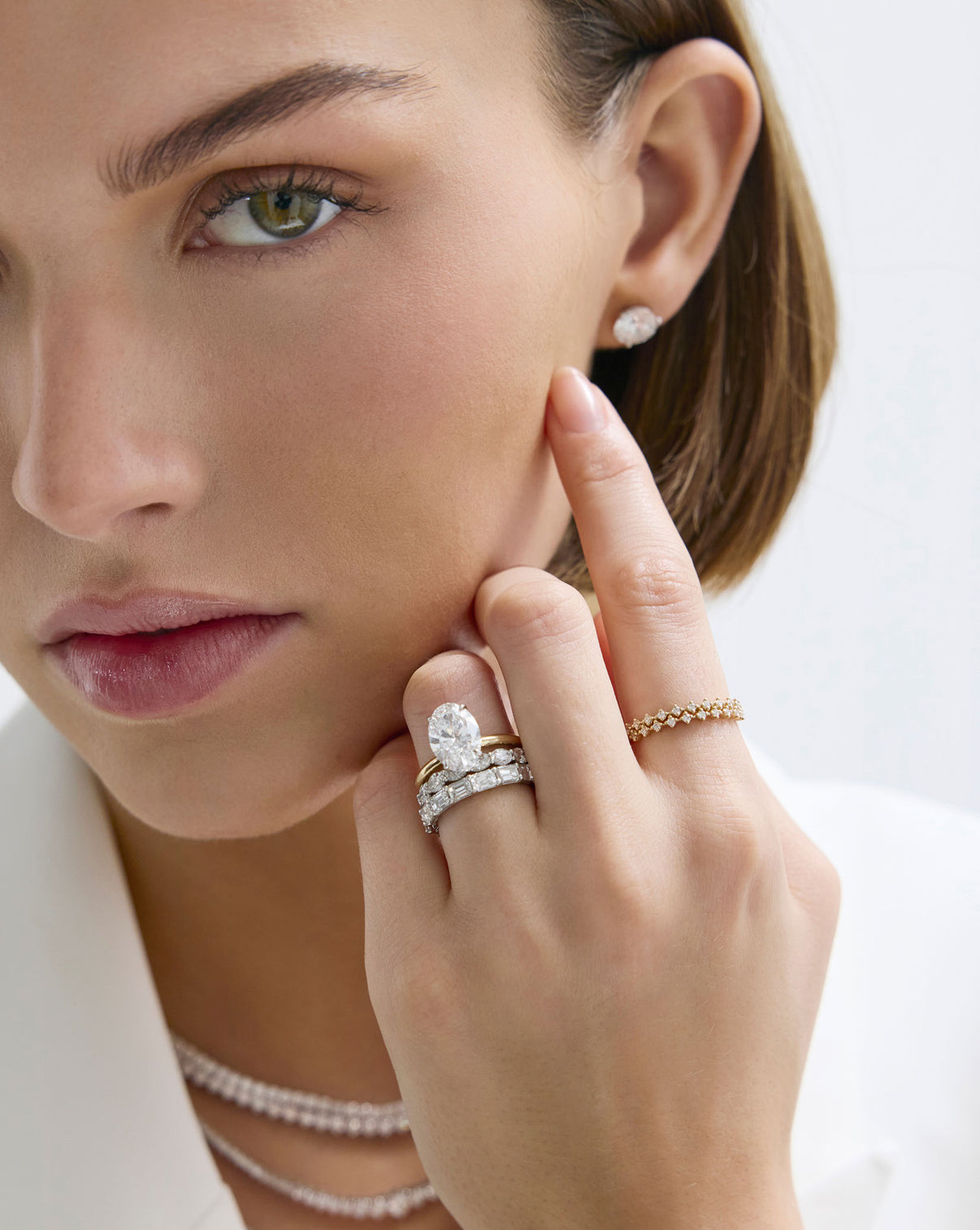 Diamond Station Double Row Ring by Ring Concierge on model's hand - premium gold jewelry with sparkling double diamond rows