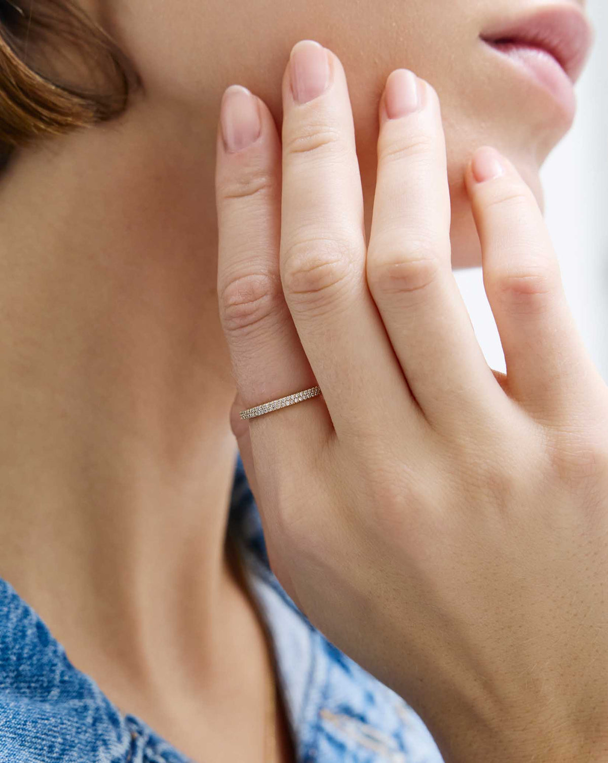 Model wearing Ring Concierge Rings 14k Yellow Gold /  Double Row Stackable Pavé Ring