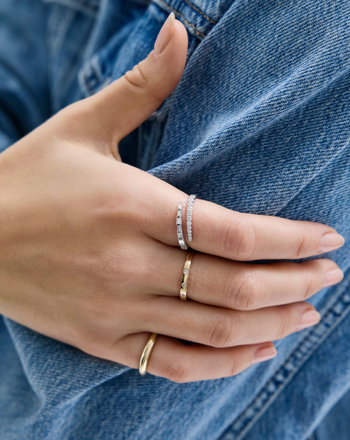 Woman wearing elegant 14k gold inlay diamond ring, perfect for daily sophistication