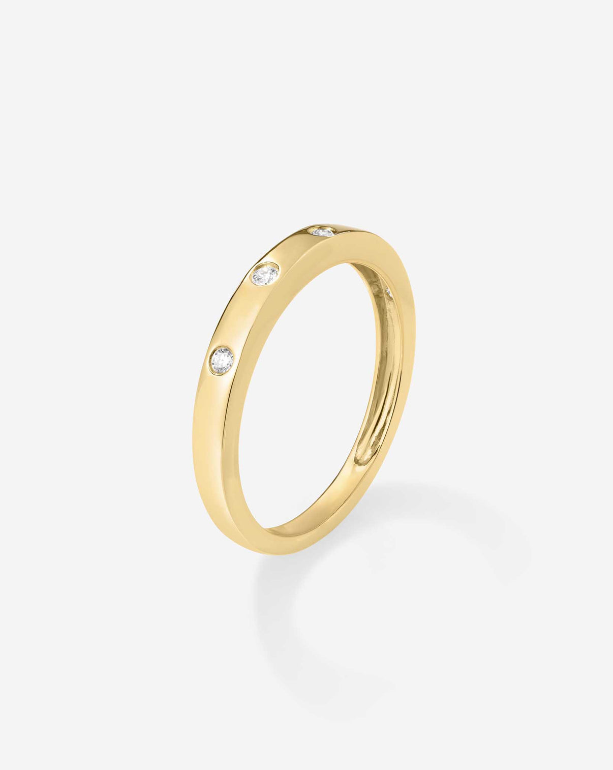 Inlay diamond ring in 14k solid yellow gold with 0.07 total carat weight diamonds, elegant side profile view