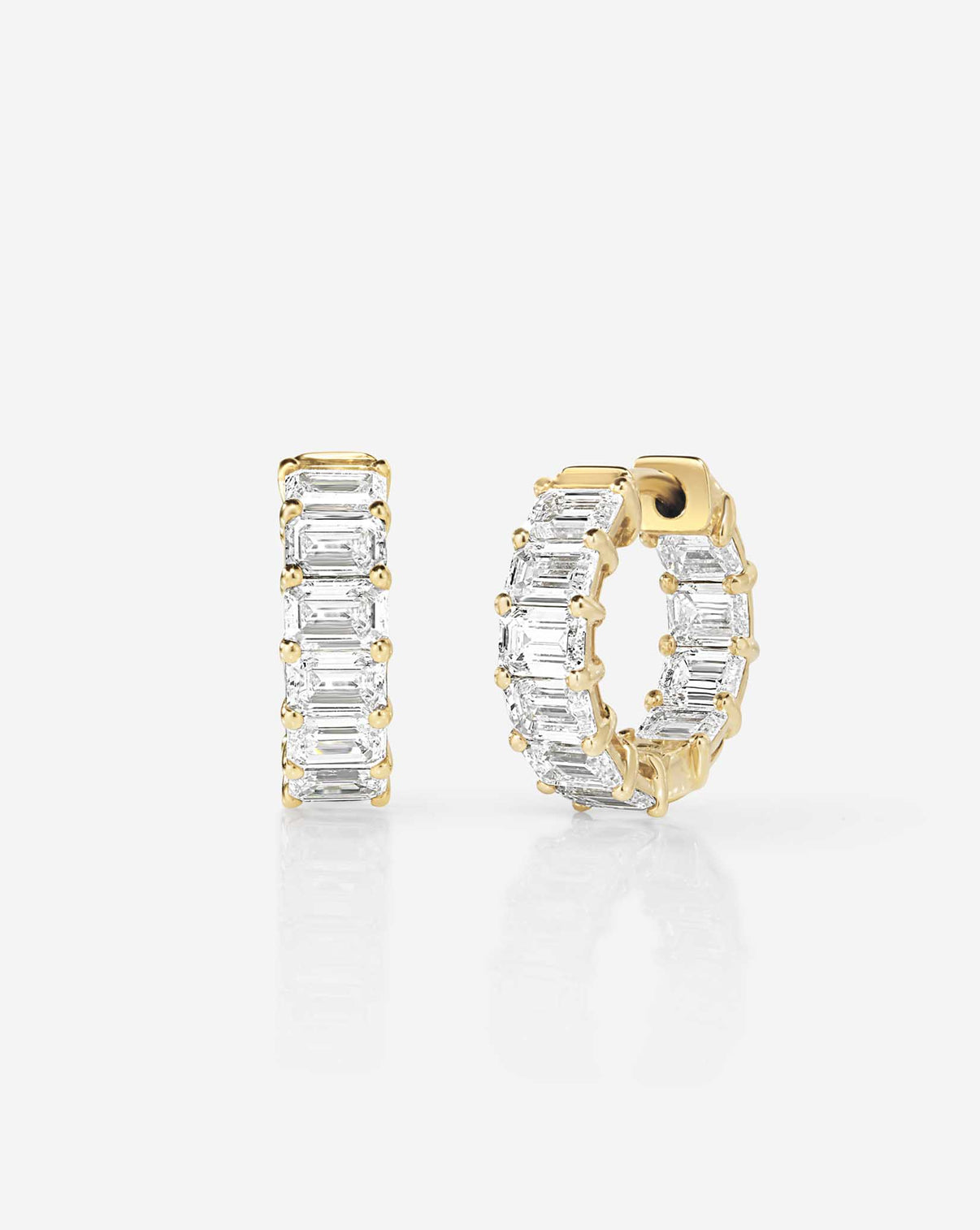 emerald lab diamond 3 carat weight  huggies earrings in 14k yellow gold