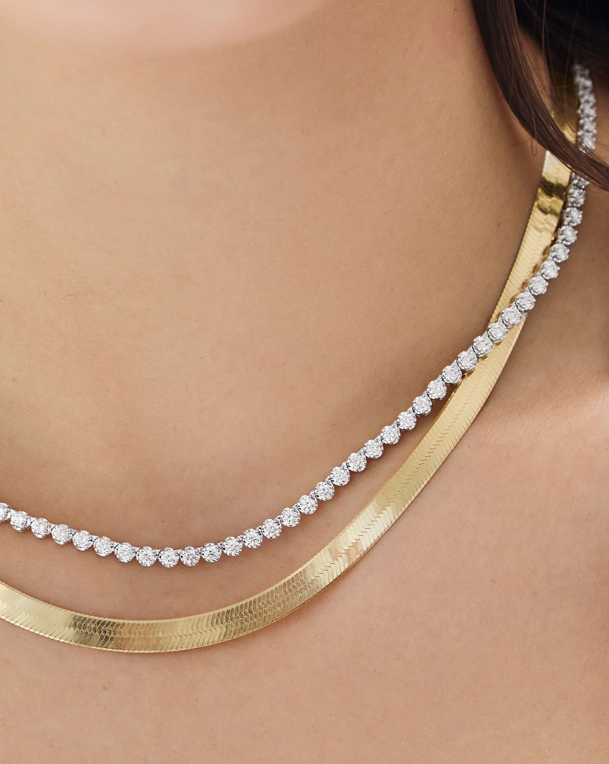 Luxe Diamond Tennis Necklace worn alone on model, perfect as a statement piece or for layering with other necklaces GLOBAL