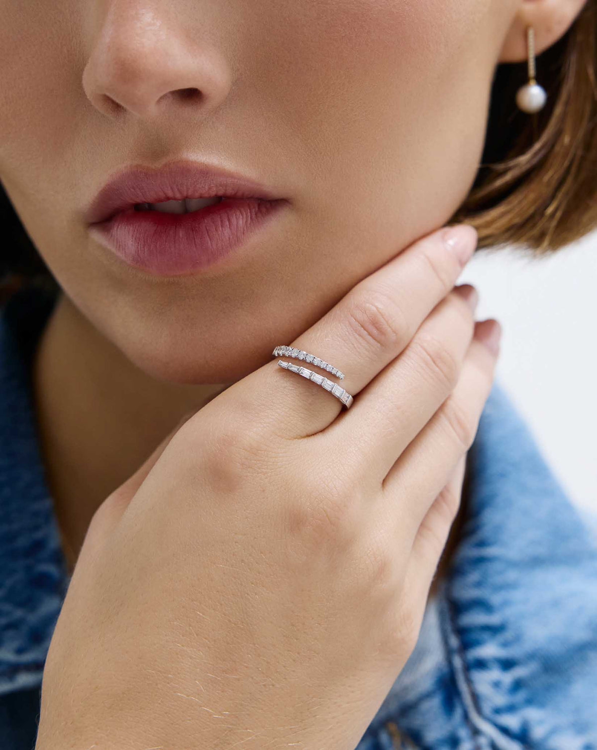 Model wearing Luxe Open Diamond Wrap Ring in 14K White Gold