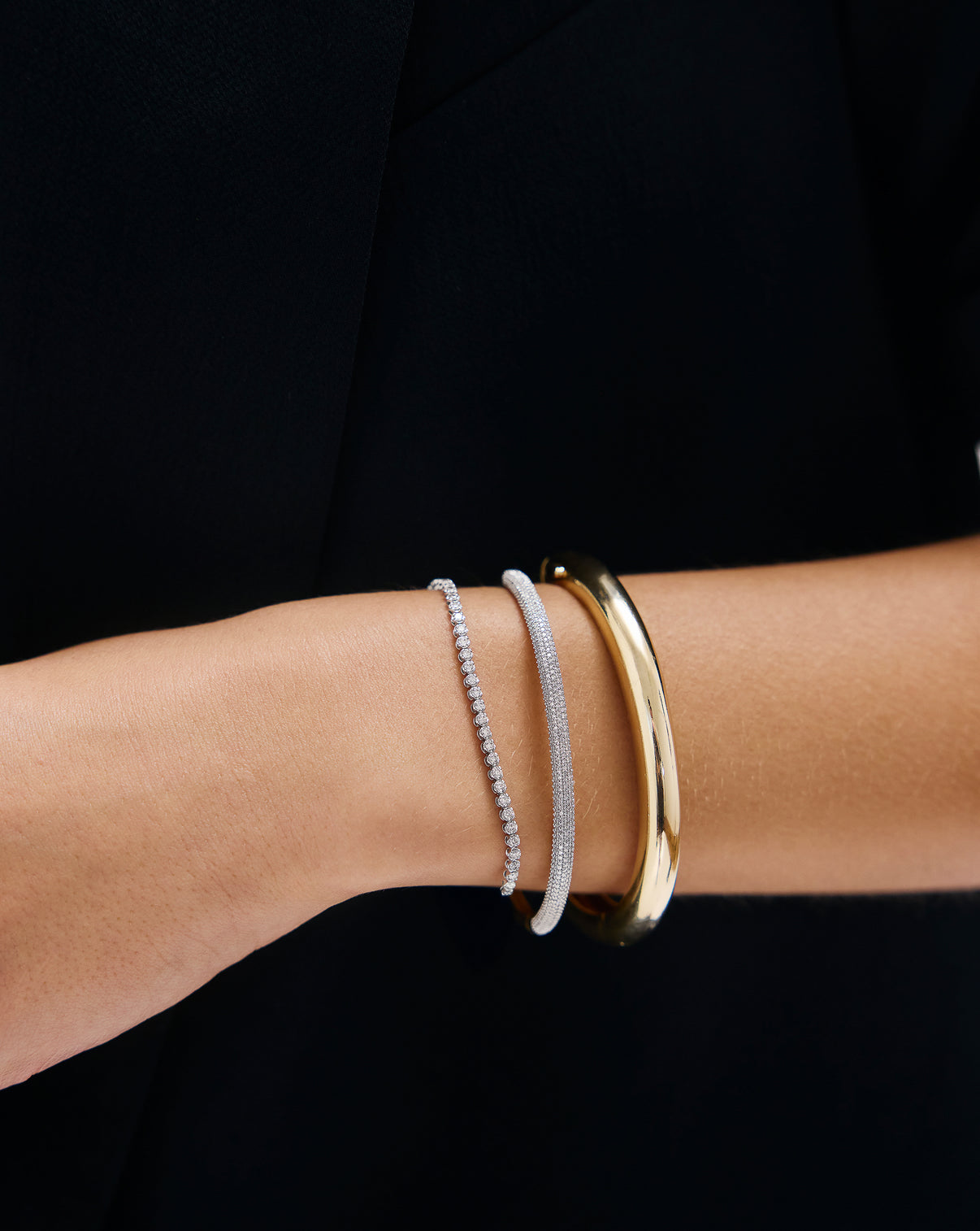 Mini Diamond Tennis Bracelet on wrist with Pave and Gold Cloud Bangles - Global