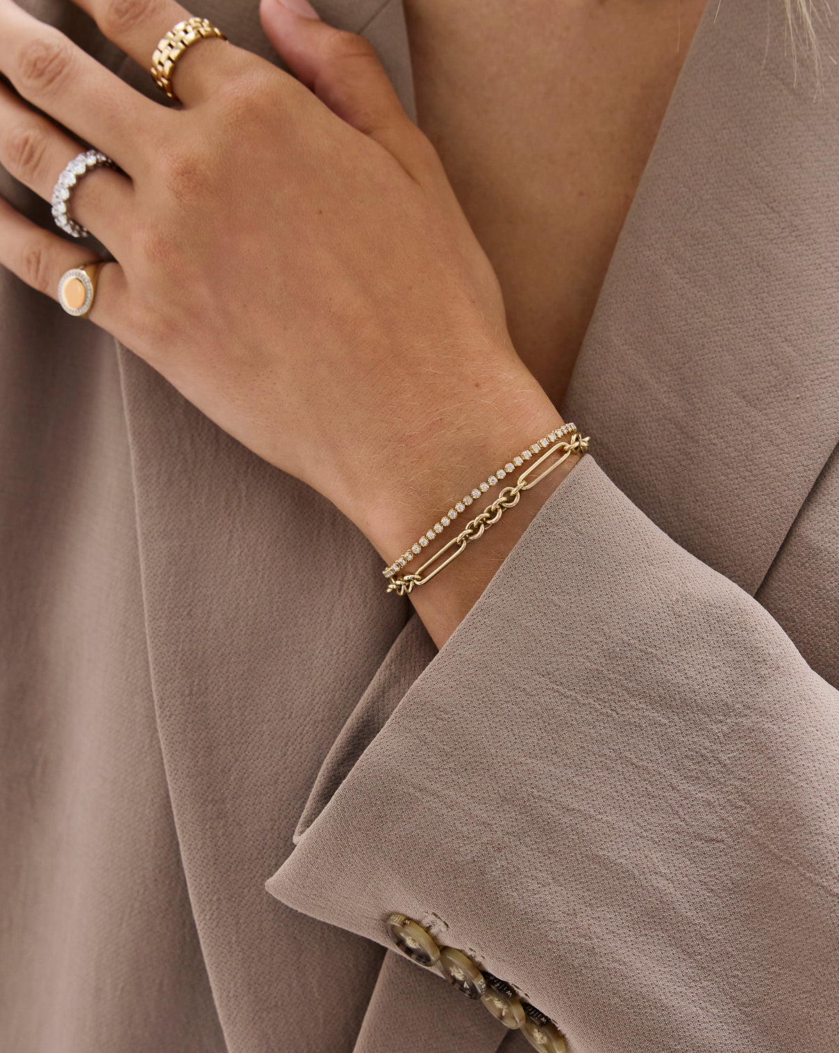 Mini Diamond Tennis Bracelet styled with Yellow Gold Jewelry - Global
