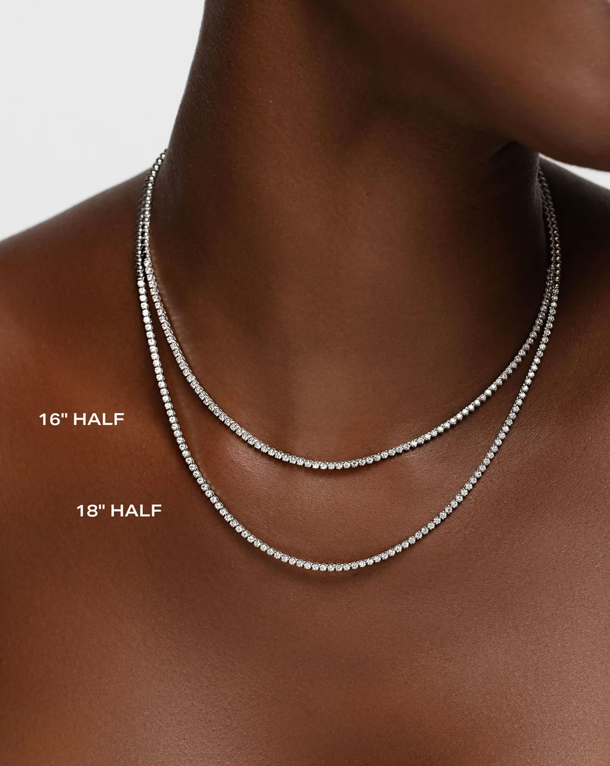 Ring Concierge's Mini Diamond Tennis Necklace styled on model showing how it sits at the neckline GLOBAL