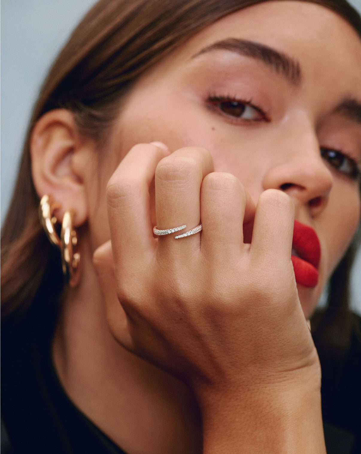 Close-up detail of Open Diamond Wrap Ring highlighting the pavé diamond setting and white gold finish on model GLOBAL