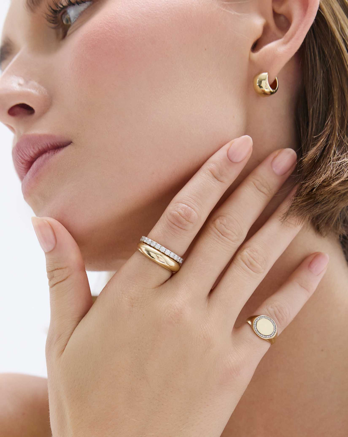 Pavé Diamond Border Signet Ring worn on finger, showing elegant proportions and diamond border detail