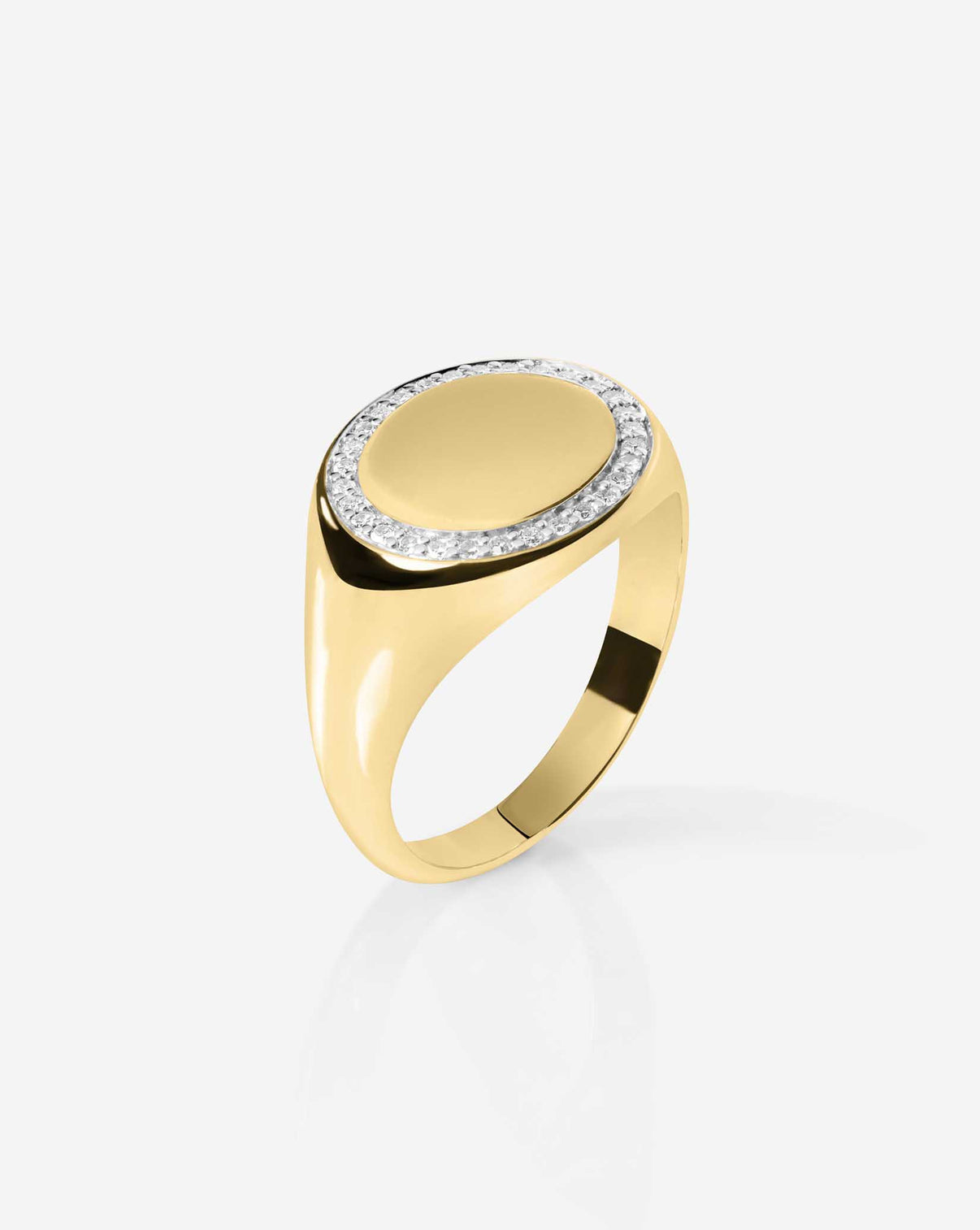 Pavé Diamond Border Signet Ring in 14k gold, front view showcasing diamond-bordered face
