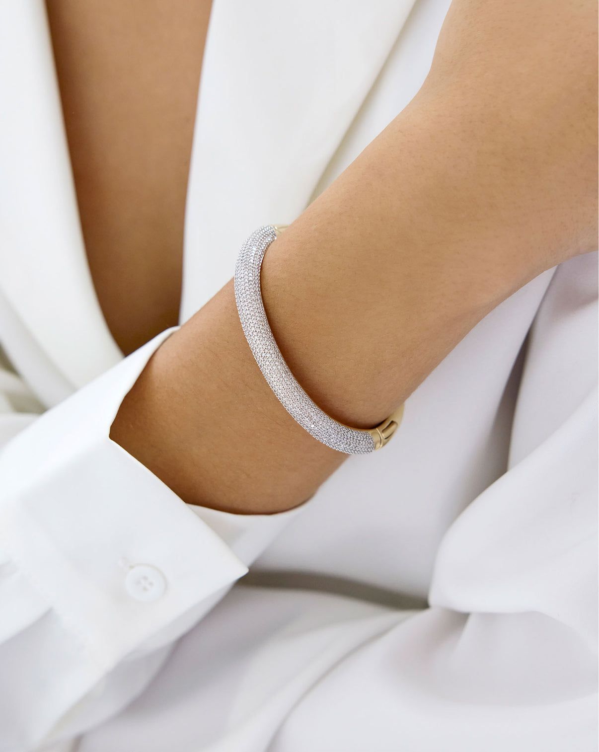 Classic Pavé Diamond Stackable Gold Cloud Bangle shown on model's wrist