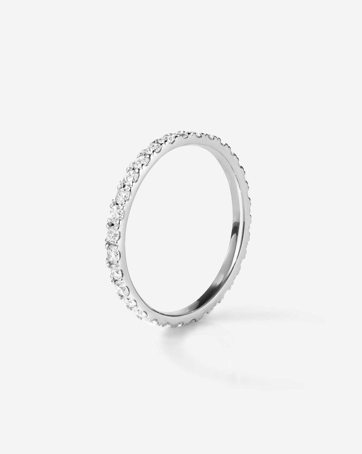 Flat lay of 1.9 mm perfect pave diamond ring in platinum | full diamond coverage - standing