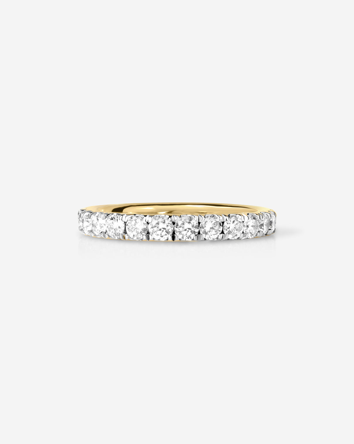 Flat lay of 2.5 mm Perfect Pave Diamond Ring in 14k Yellow Gold