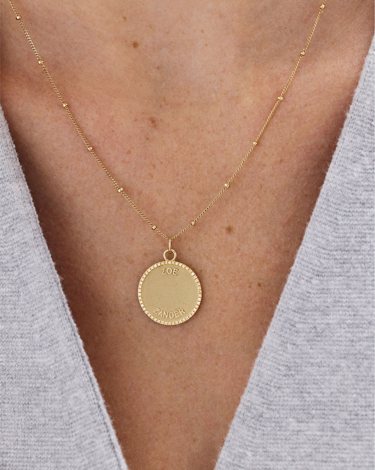 Ring Concierge Personalized Medallion Necklace close-up detail showing delicate chain and medallion pendant