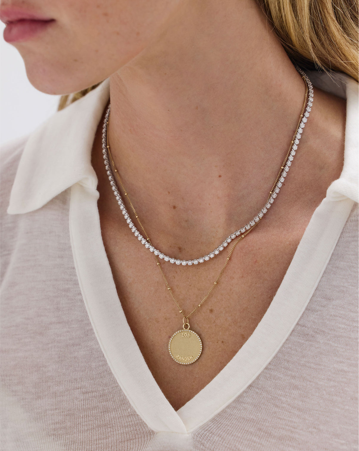Ring Concierge Personalized Medallion Necklace lifestyle shot, luxury jewelry styling inspiration