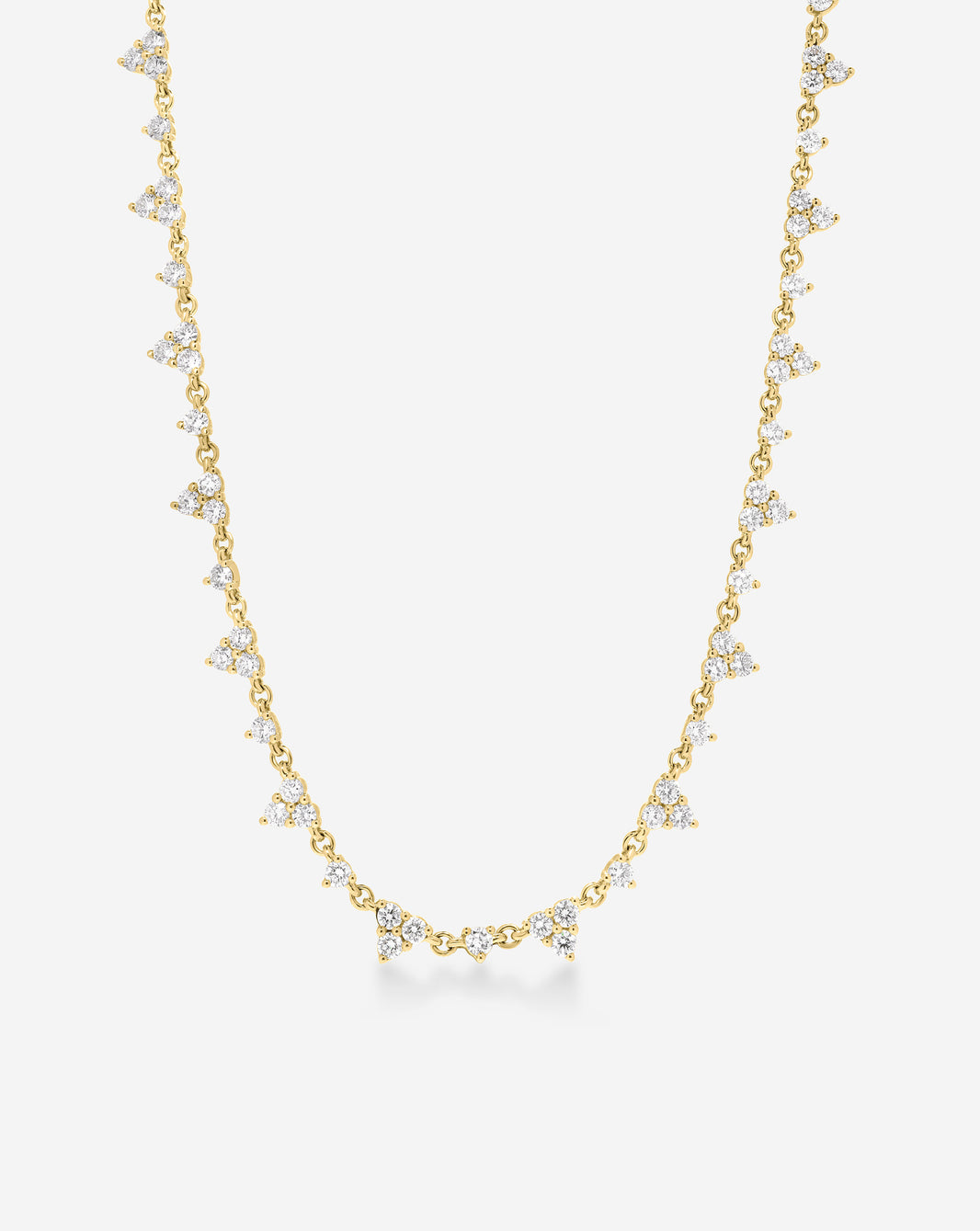 Trio Diamond Layering Necklace in 14k gold, front view showcasing three diamond stations in white background
