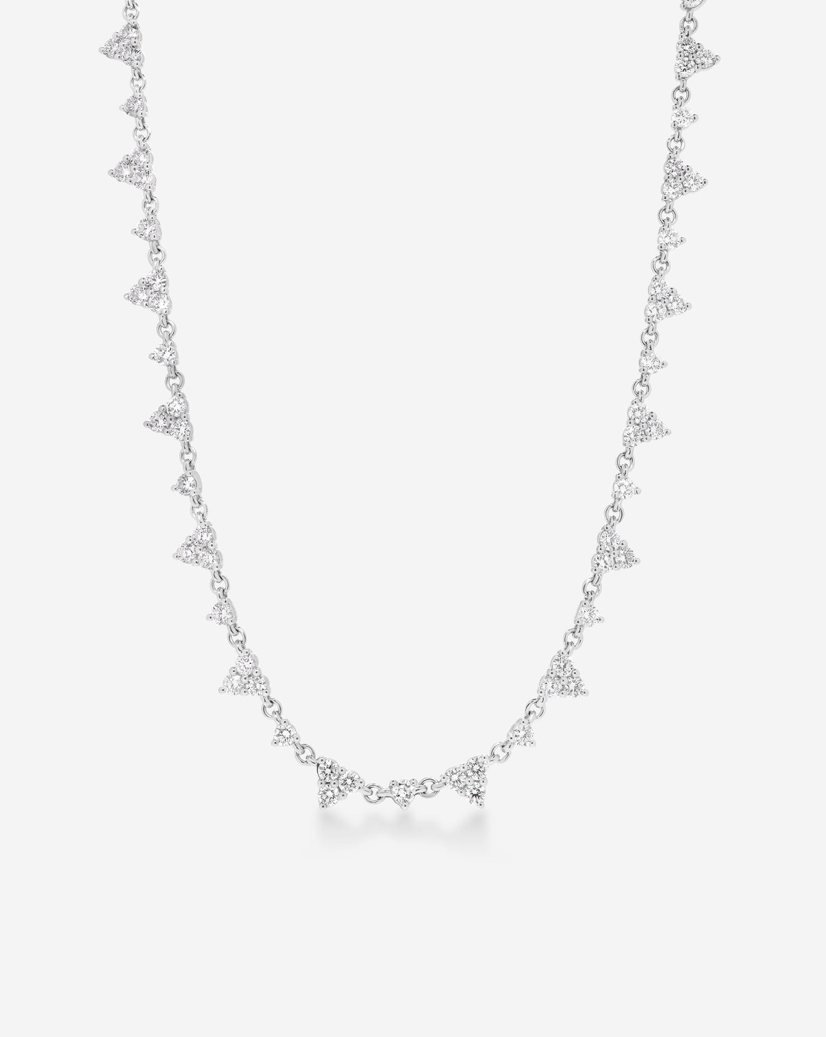 Ring Concierge's Trio Diamond Layering Necklace in 14k White gold, front view showcasing three diamond stations on a white background