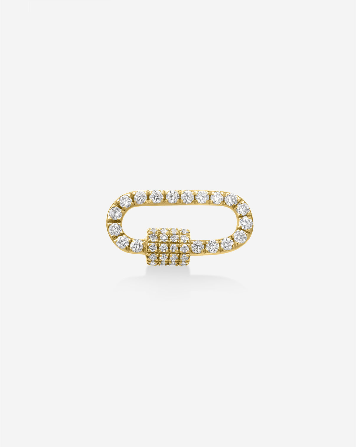 Diamond carabiner charm in 14k gold with sparkling diamonds, shown against white background