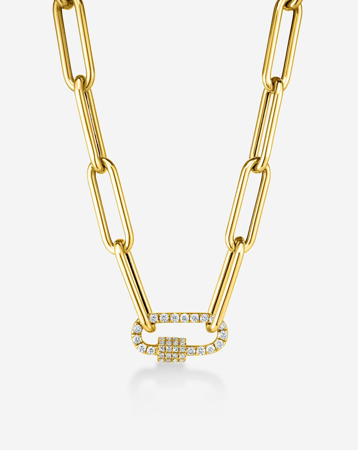 Diamond carabiner charm displayed at an angle highlighting the functional clasp design and diamond accents with large split chain