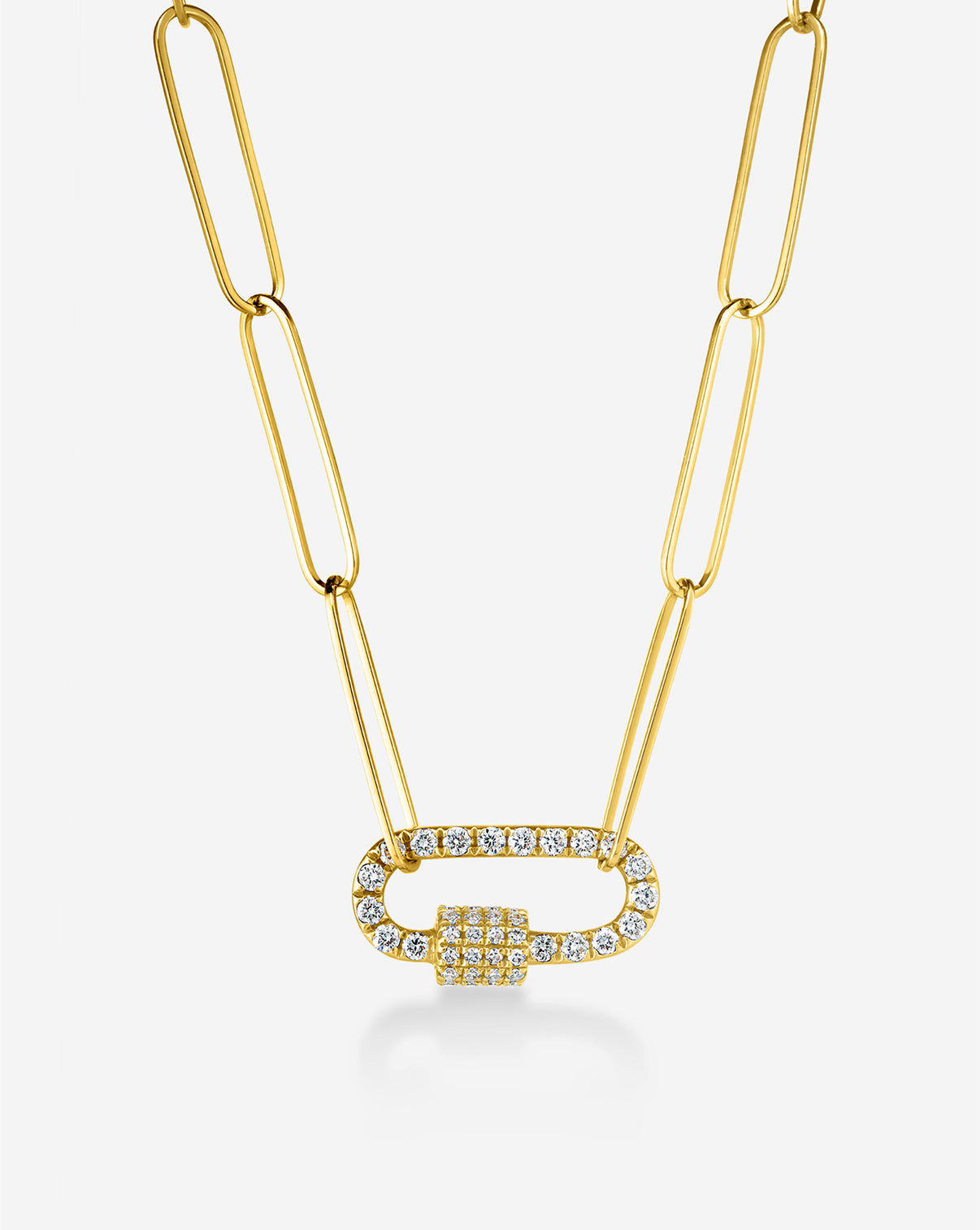 Diamond carabiner charm displayed at an angle highlighting the functional clasp design and diamond accents with small split chain