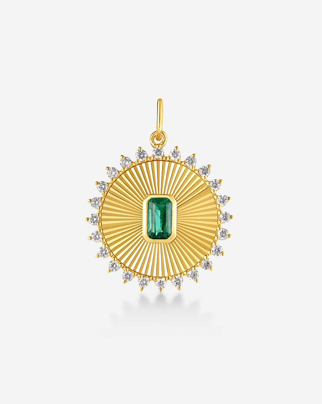 Fluted emerald pendant necklace with textured gold setting on white background