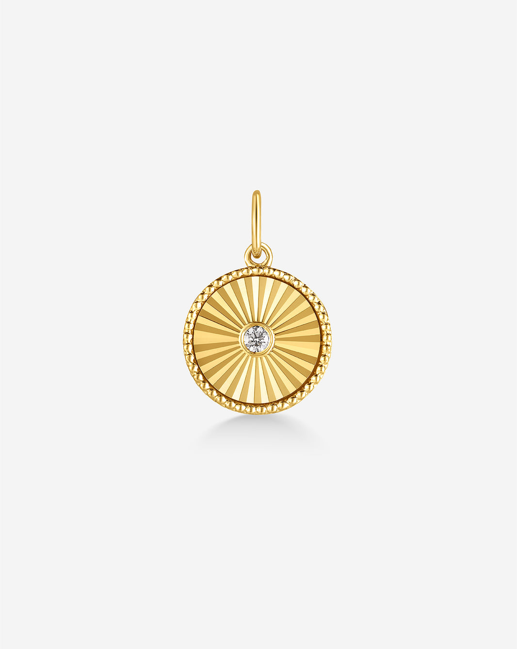 14k solid gold fluted round pendant with diamonds on white background
