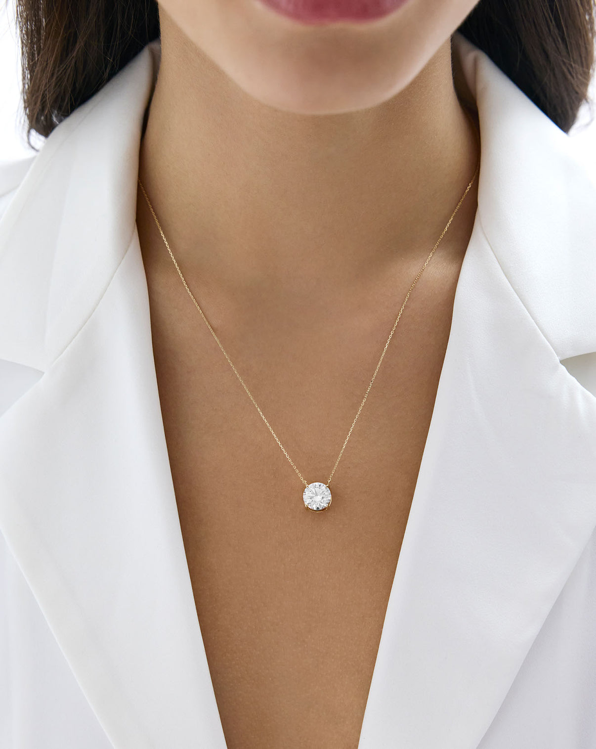 Lab Grown Round Diamond Necklace in Yellow Gold 1 Carat diamond on model 