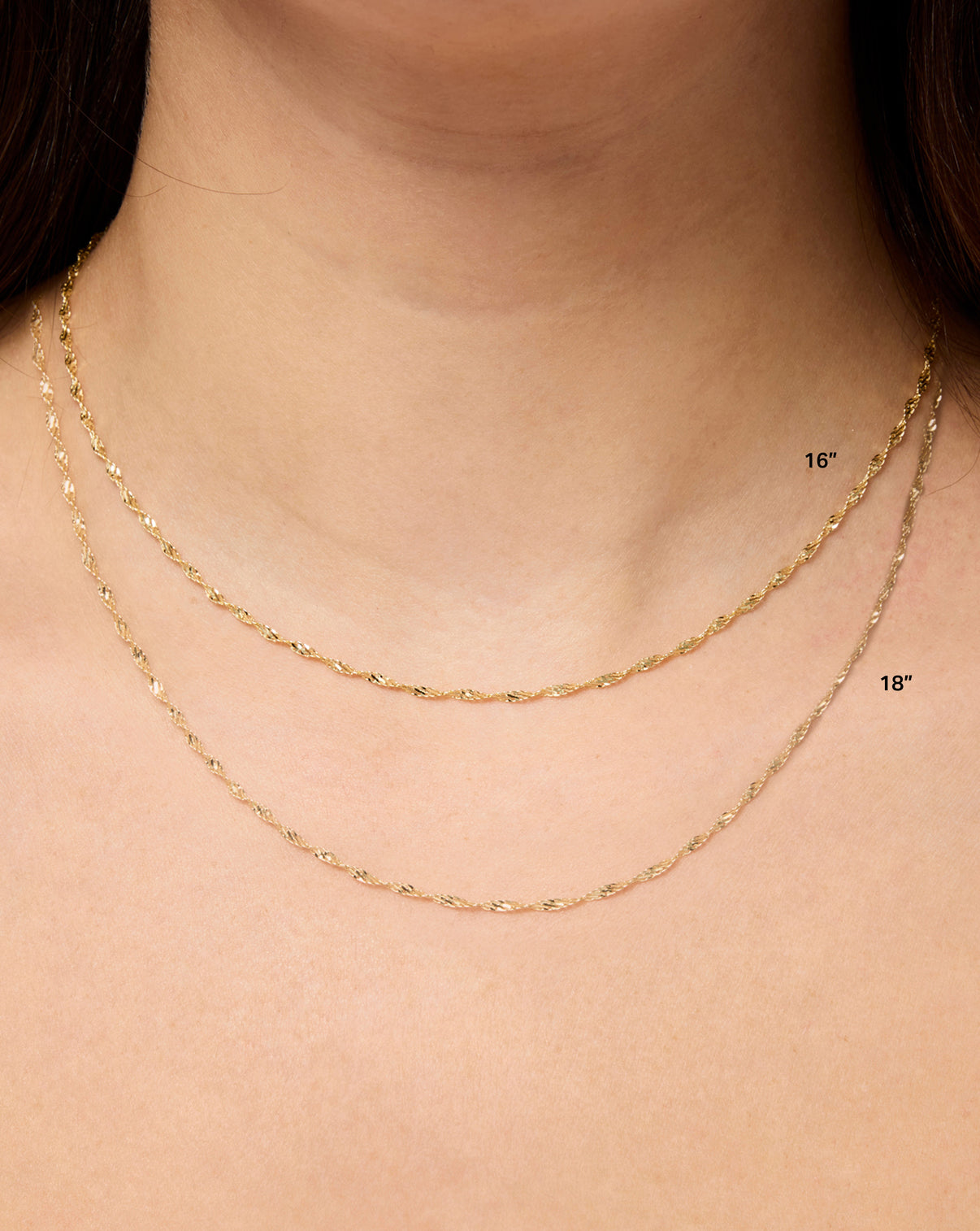 Twisted Dorica Chain Necklace on model showing 16 and 18 inch lengths