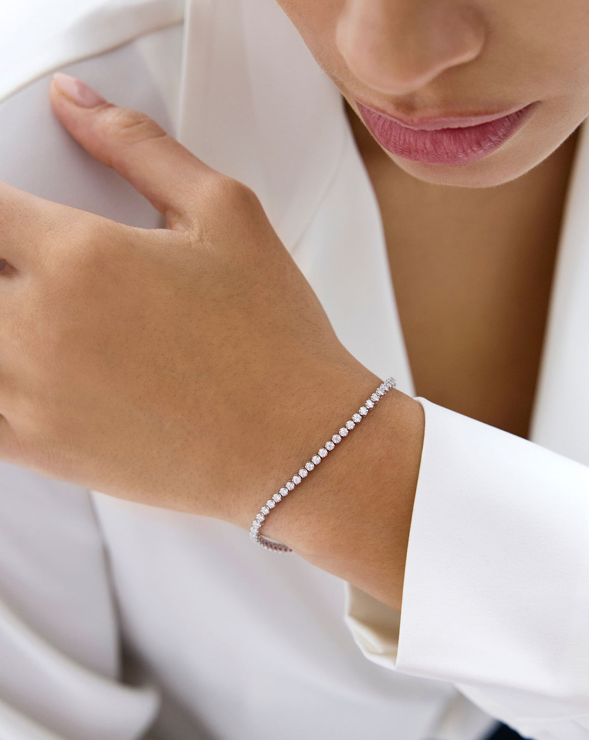 2-in-1 Diamond Tennis Necklace + Bracelet as a bracelet on model global