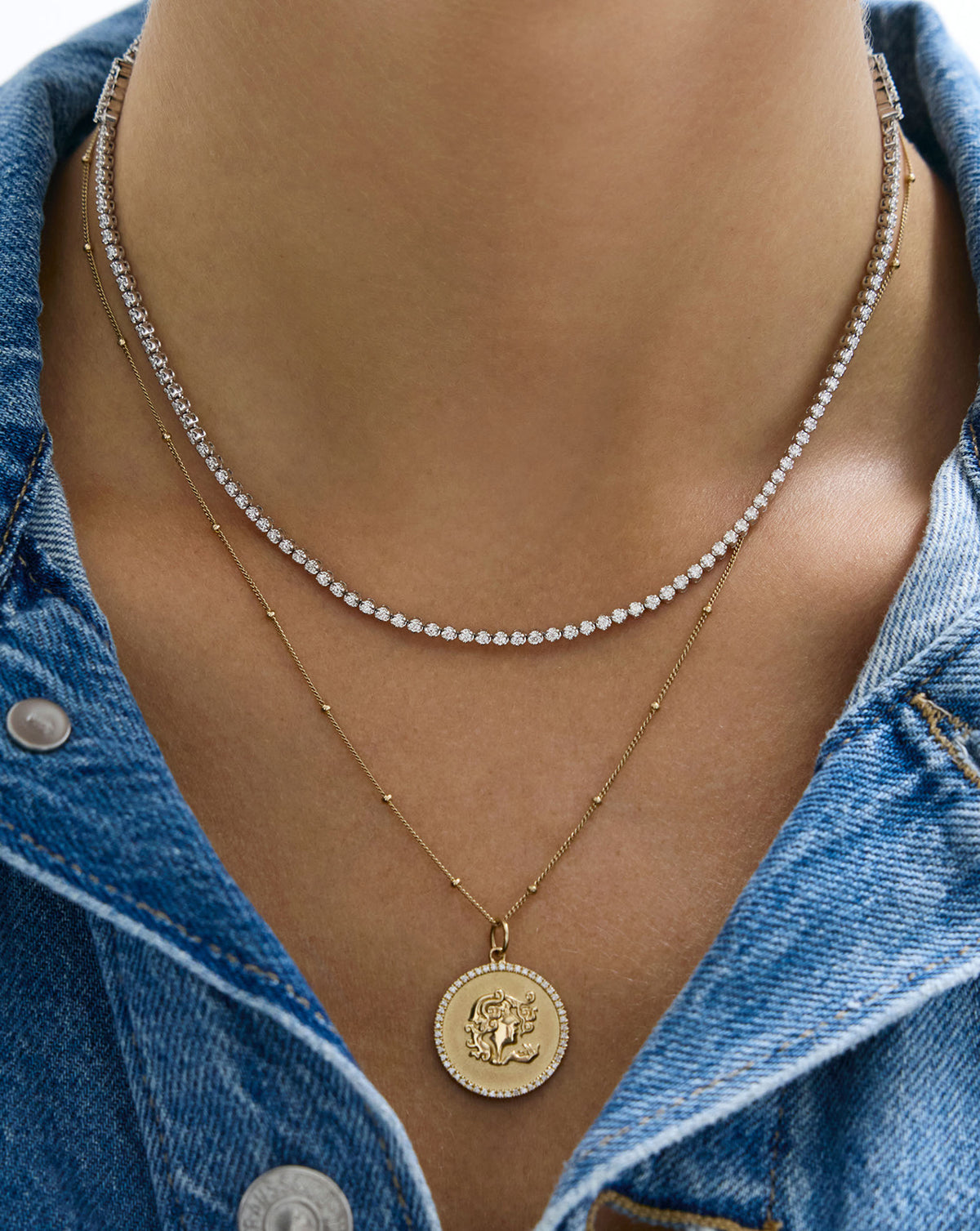 2-in-1 Diamond Tennis Necklace + Bracelet as a necklace on model styled with zodiac necklace global