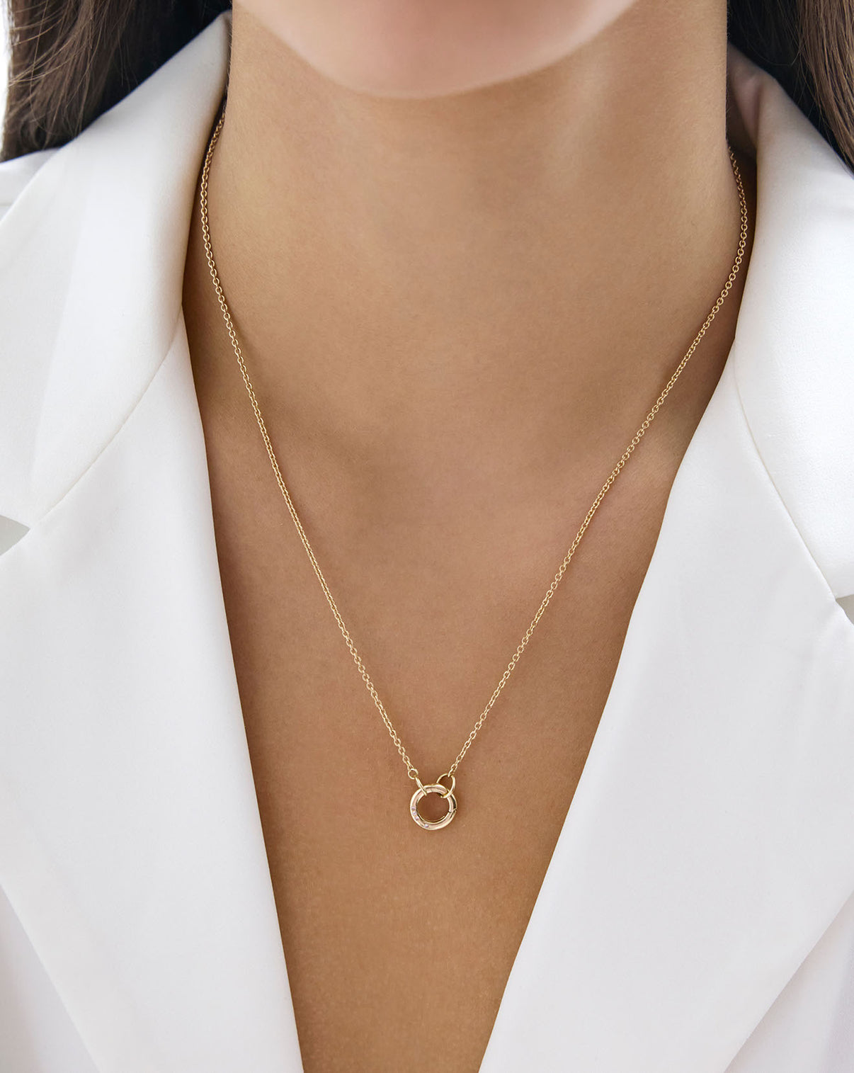 On-model image of clique cable chain necklace with enhancer 