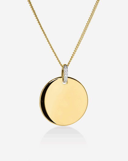 Engravable Round Pendant Necklace in Yellow Gold with engraving.
