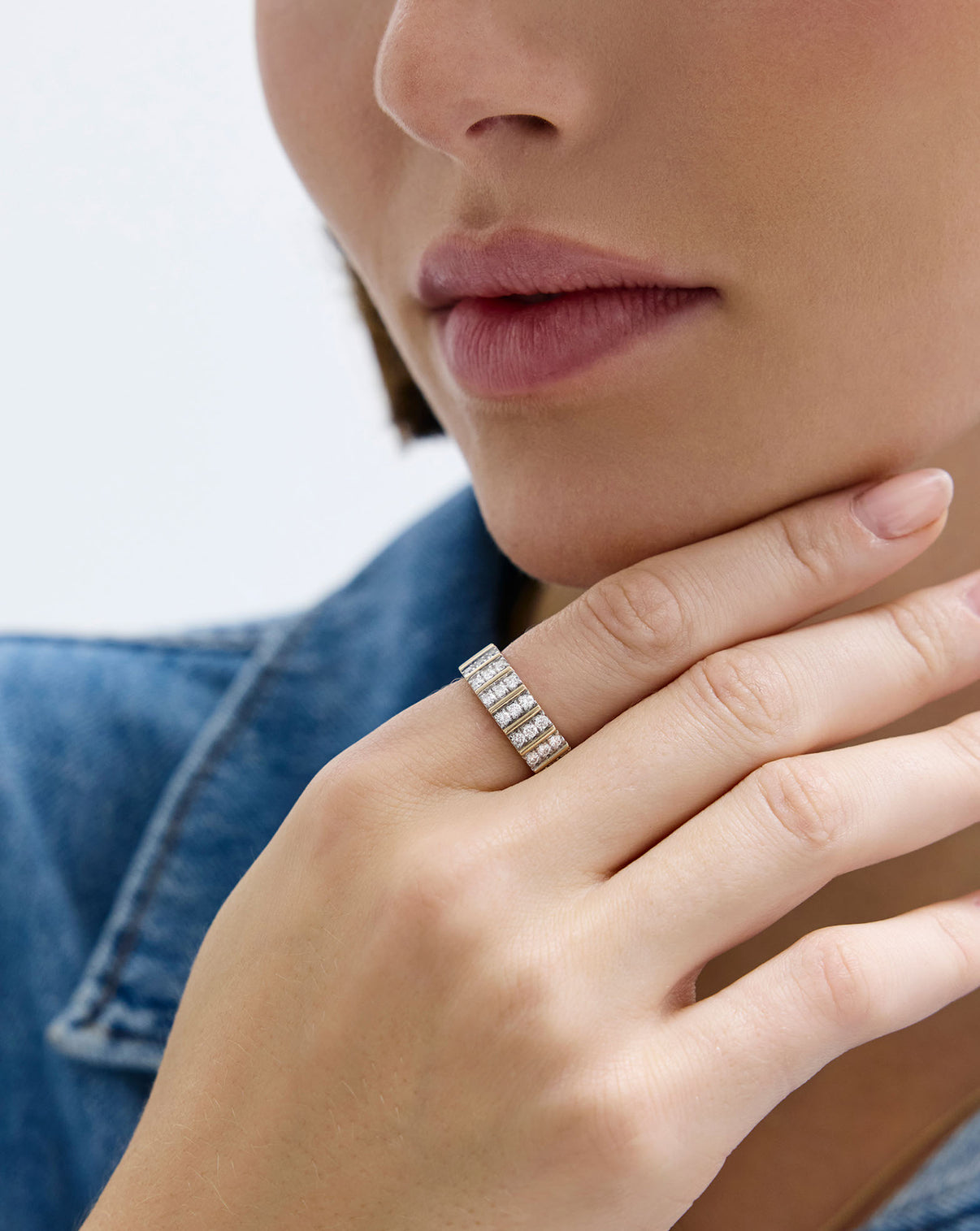 Three Row Fluted Diamond Ring styled solo on model's index finger global