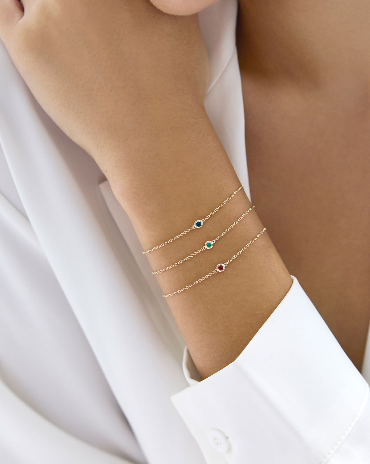 Gemstone Bezel-Set Bracelet in Sapphire Blue, Emerald Green and Ruby Red on model - global