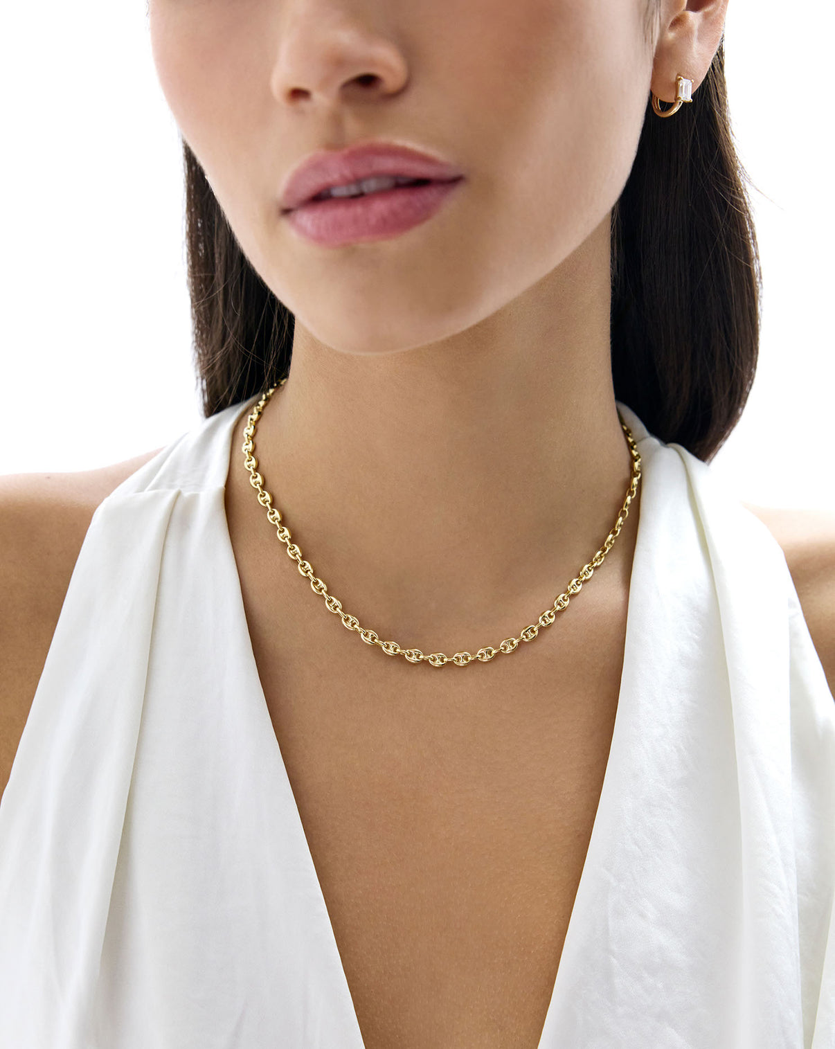 Mariner Link Chain Necklace worn by model, showing how it sits elegantly around the neck
