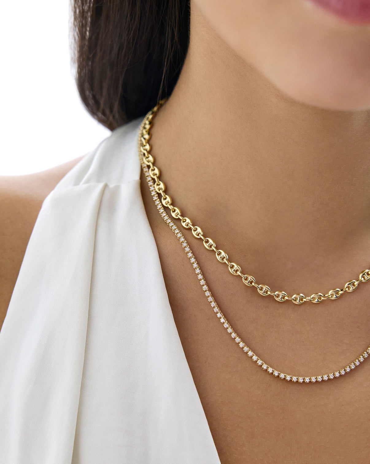 Mariner Link Chain Necklace worn by model, showing how it sits elegantly around the neck and styled with a diamond necklace