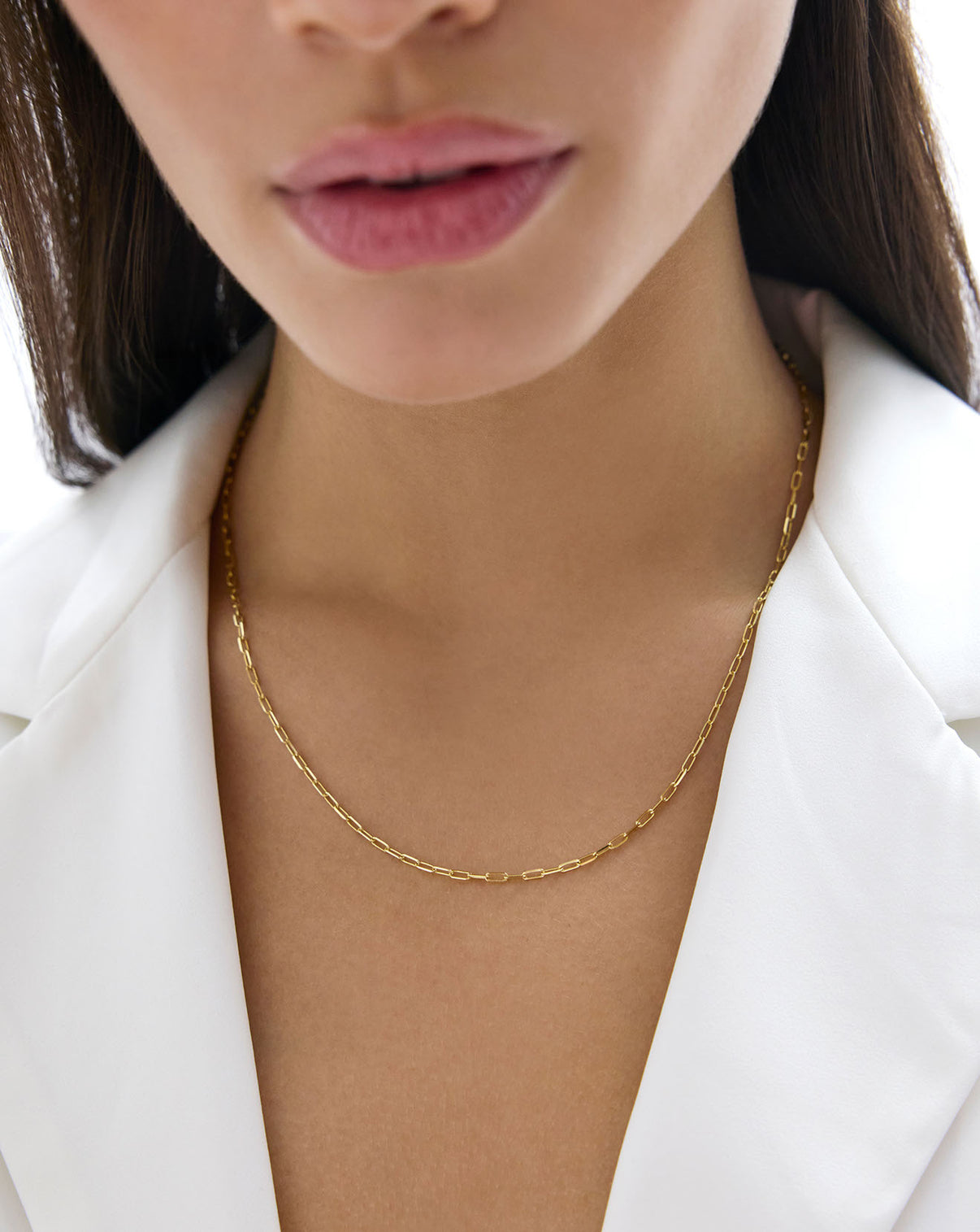 gold Mini Link Chain Necklace on model