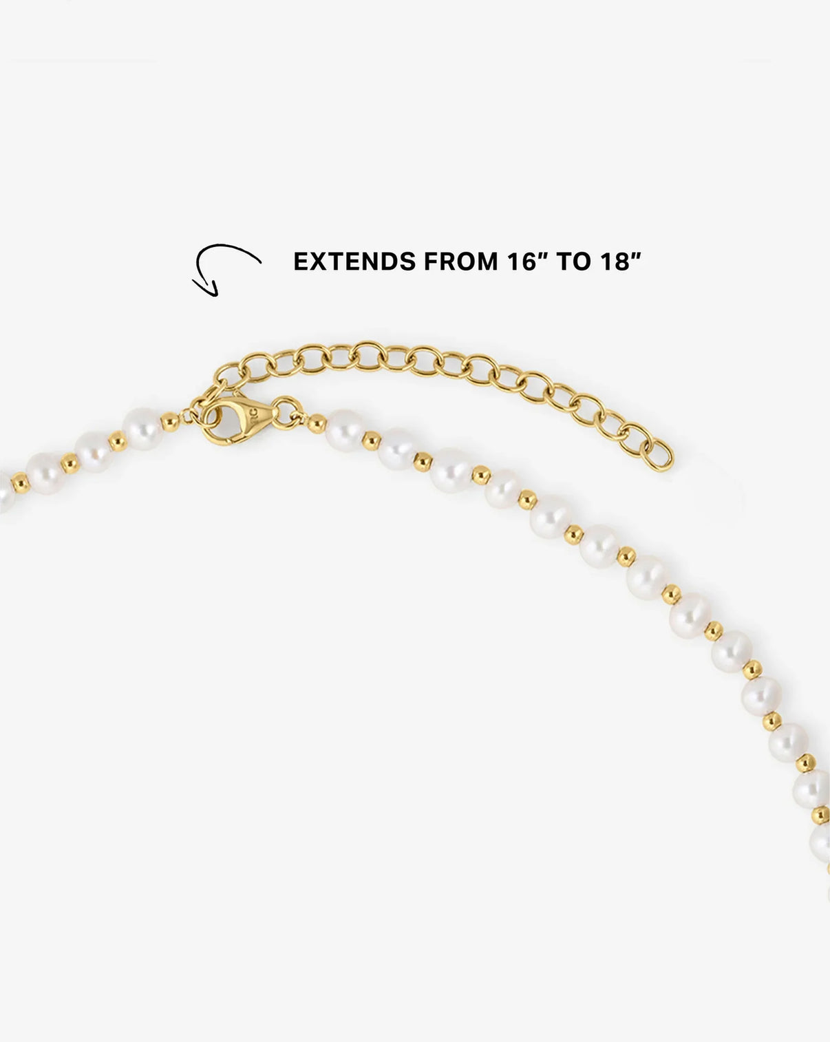 Detail shot of Pearl Station Necklace clasp and pearl quality, highlighting extension piece to increase size from 16" to 18"