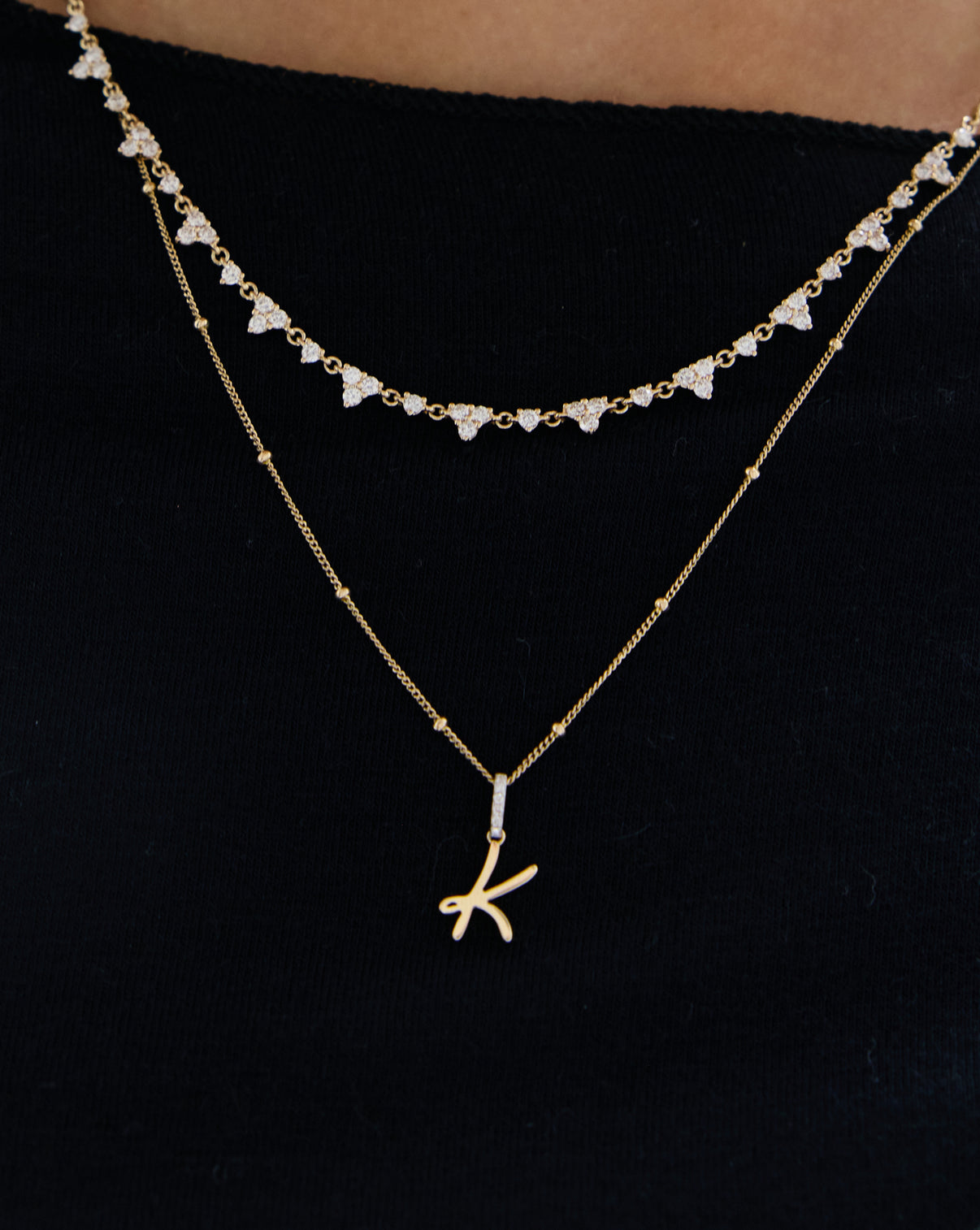 Script Initial Pendant styled on Saturn Chain Necklace on model