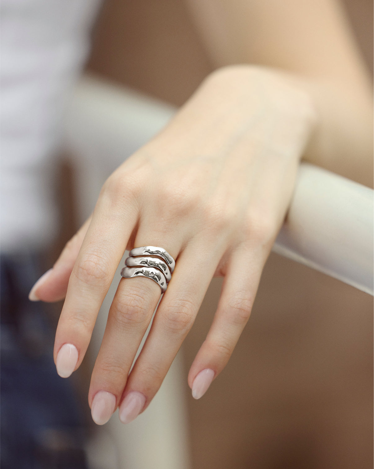 Ring Concierge Melted Stackable Ring Set styled on model's hand demonstrating wearability and proportions