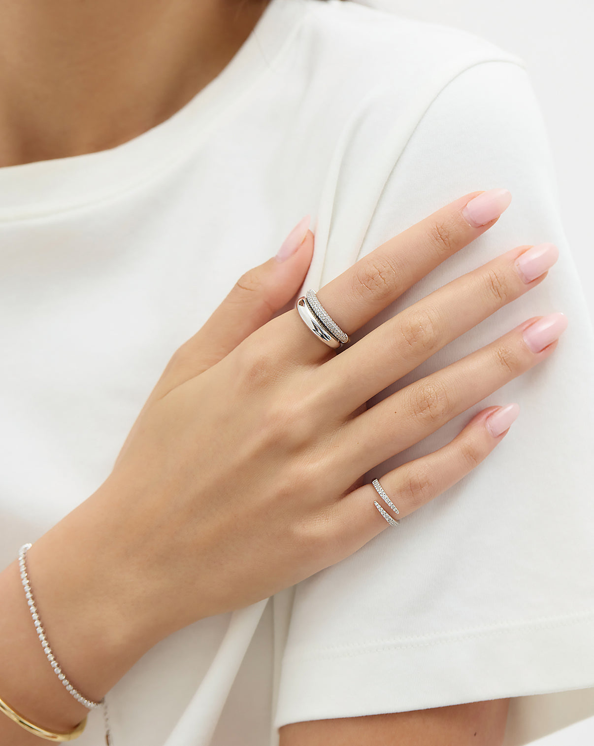 Cloud Ring sterling silver stacked with pave cloud ring on model