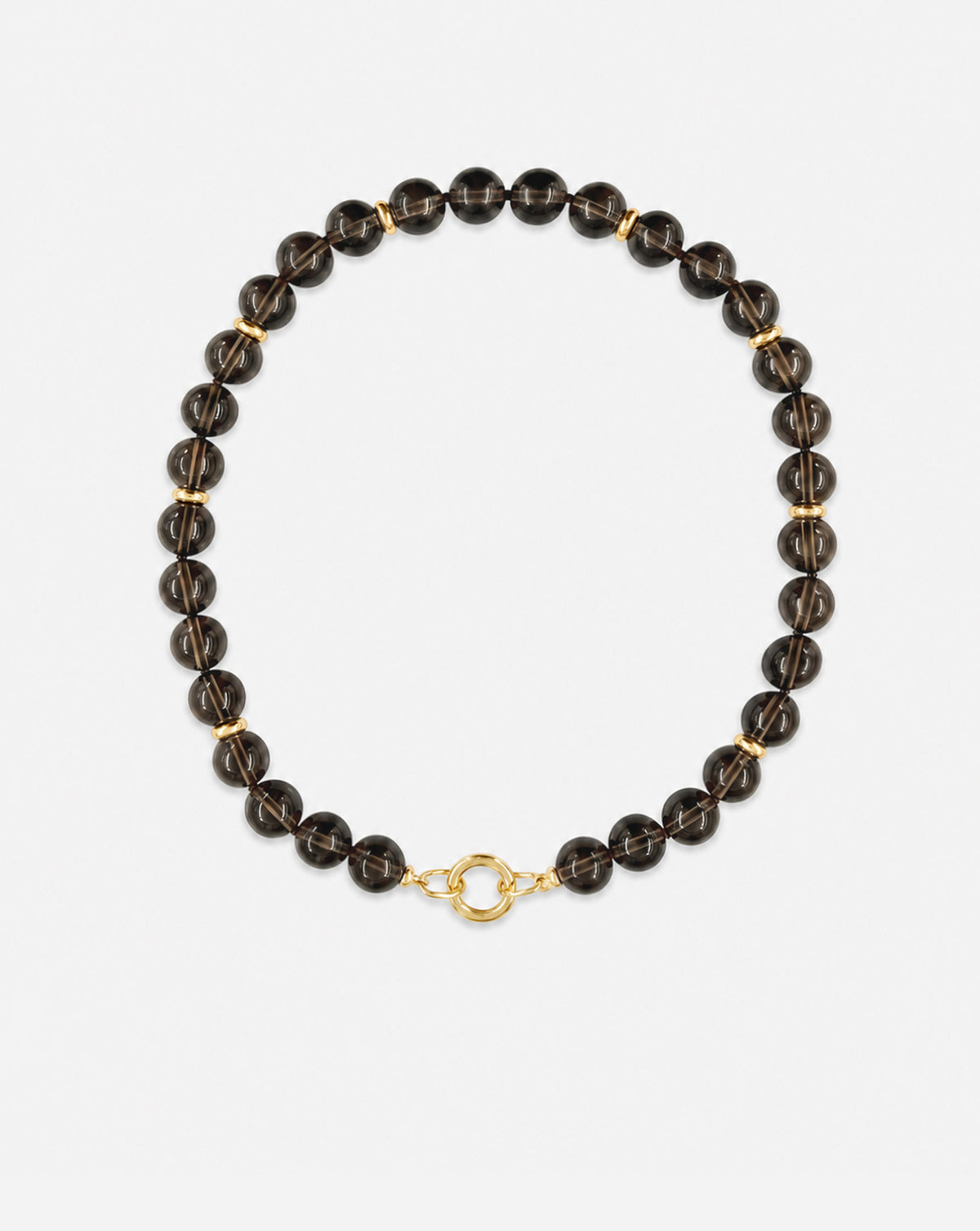 A beaded necklace made of dark brown translucent beads with fine gold lines, separated by small gold spacer rings, with a gold ring clasp, shown on a light gray background.