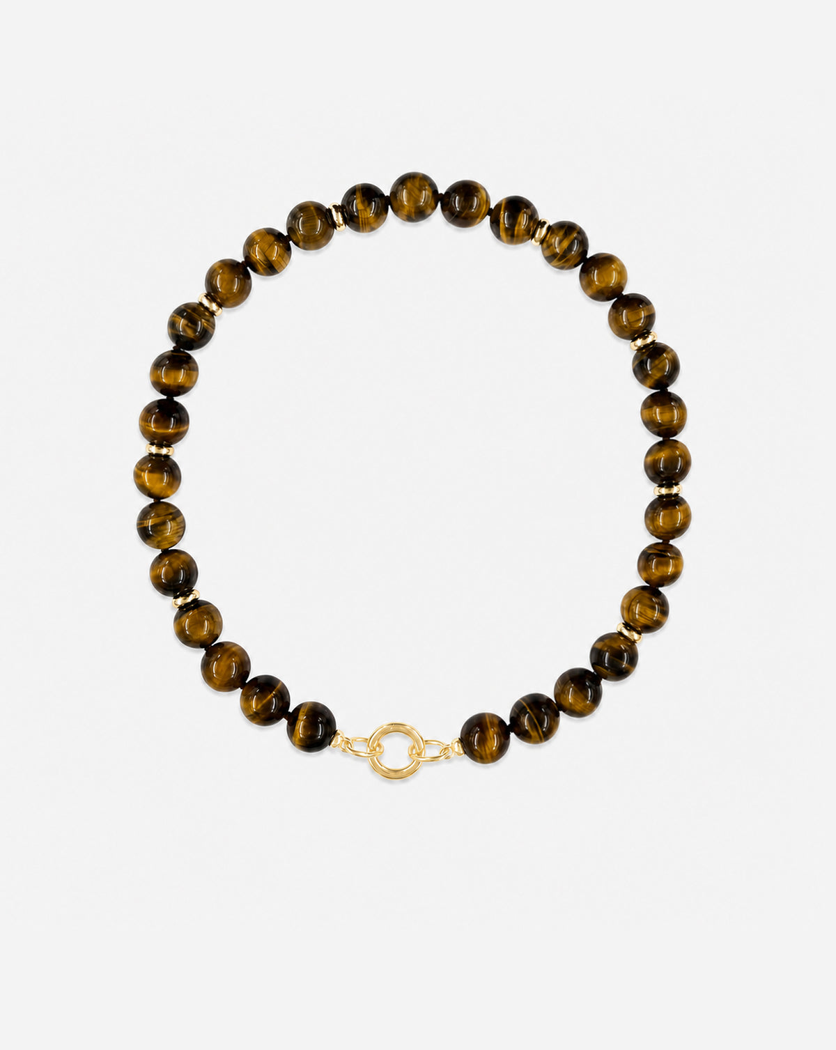 A beaded bracelet made of polished brown tiger's eye beads with a gold clasp, displayed on a clean light gray background.