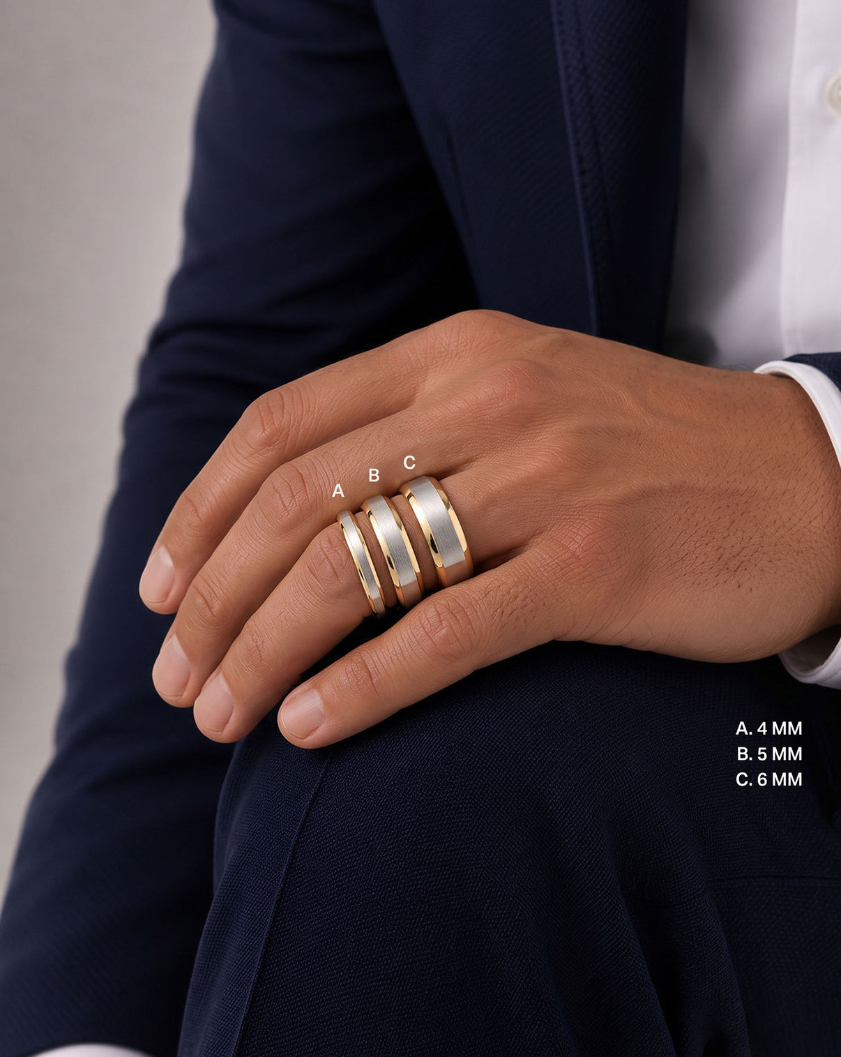 6mm contrast and beveled wedding band comparison shot on model yellow/white global